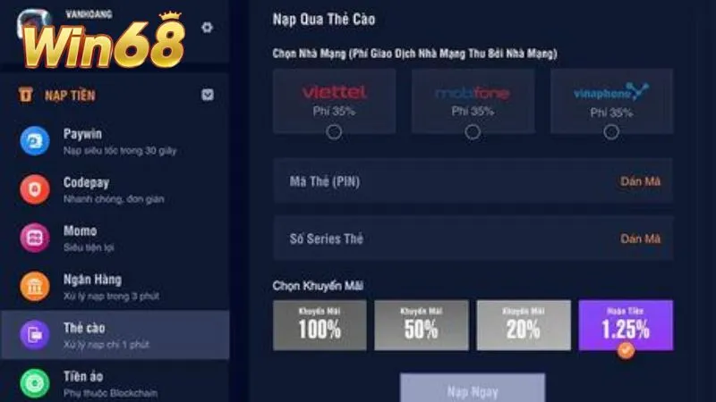 Hội viên mới muốn có số dư nhỏ để thử nghiệm game  nên chọn cách nạp tiền bằng thẻ cào